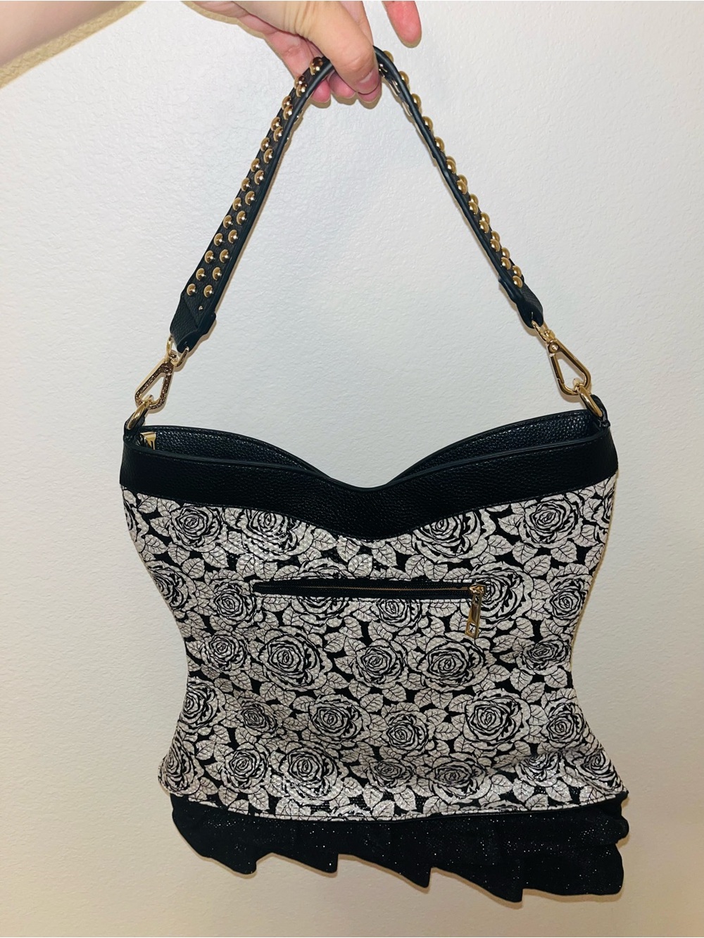 Black & White Rose Studded Corset-Style Shoulder Bag - Picture 4 of 13